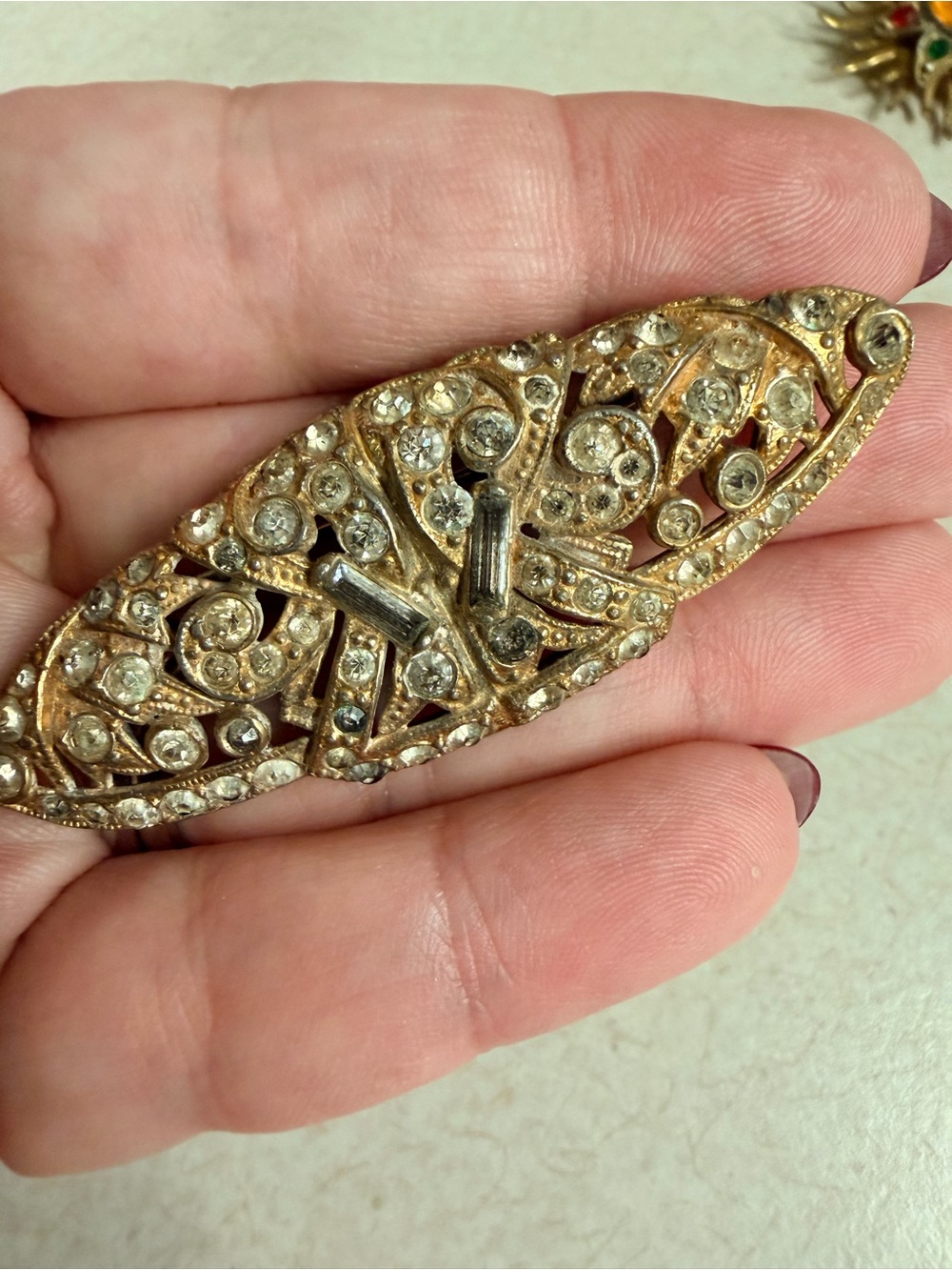 Vintage 1930s Art Deco, Openwork Filigree Pin, Duette Style Statement Brooch